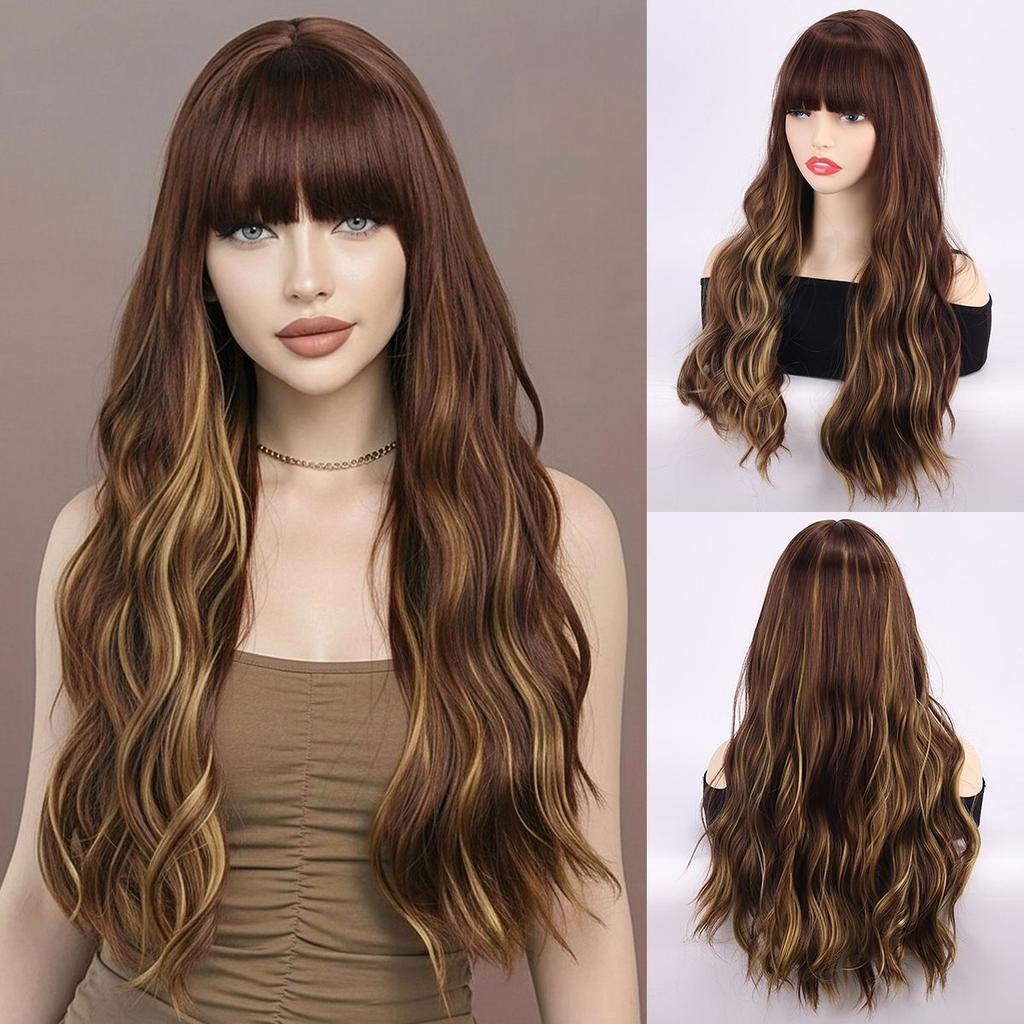 Fashionable Women's Wig: Large Waves, Brown with Blonde Highlights, High-Temperature Silk Wig
