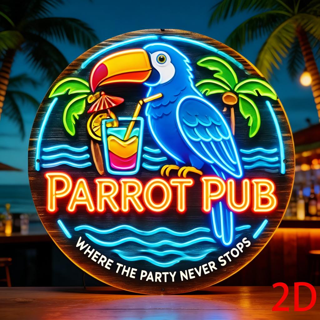 Paradise Lounge Neon Blue Parrot Round Metal Sign D Flat Printing Tropical Tiki Bar Cocktail Design Beachy Wall Decor for