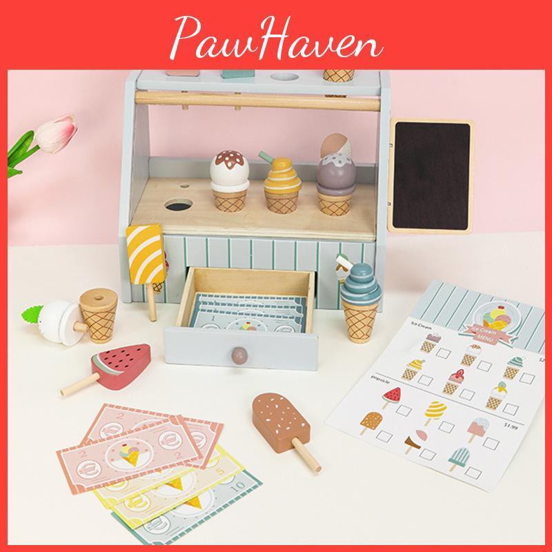 Wooden Pretend Play Ice Cream Shop With Interactive Accessories For Kids And Toddlers