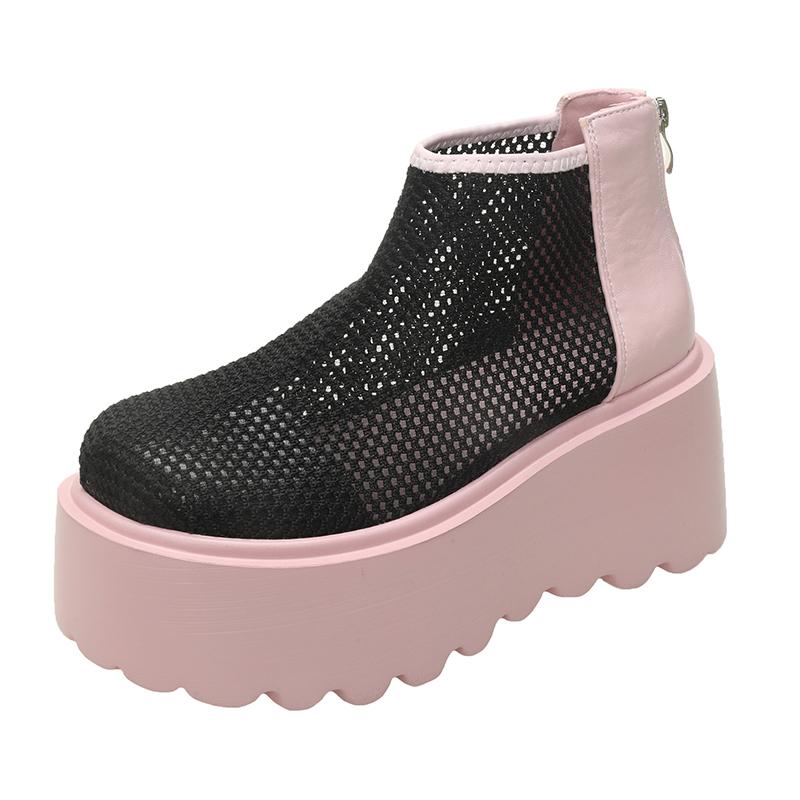 Mote Høye Hæler Kule Støvletter Sommer Ny Rund Tå Mesh Stoff Pustende Bakglidelås Vanntett Plattform Sklisikre Kilehæler