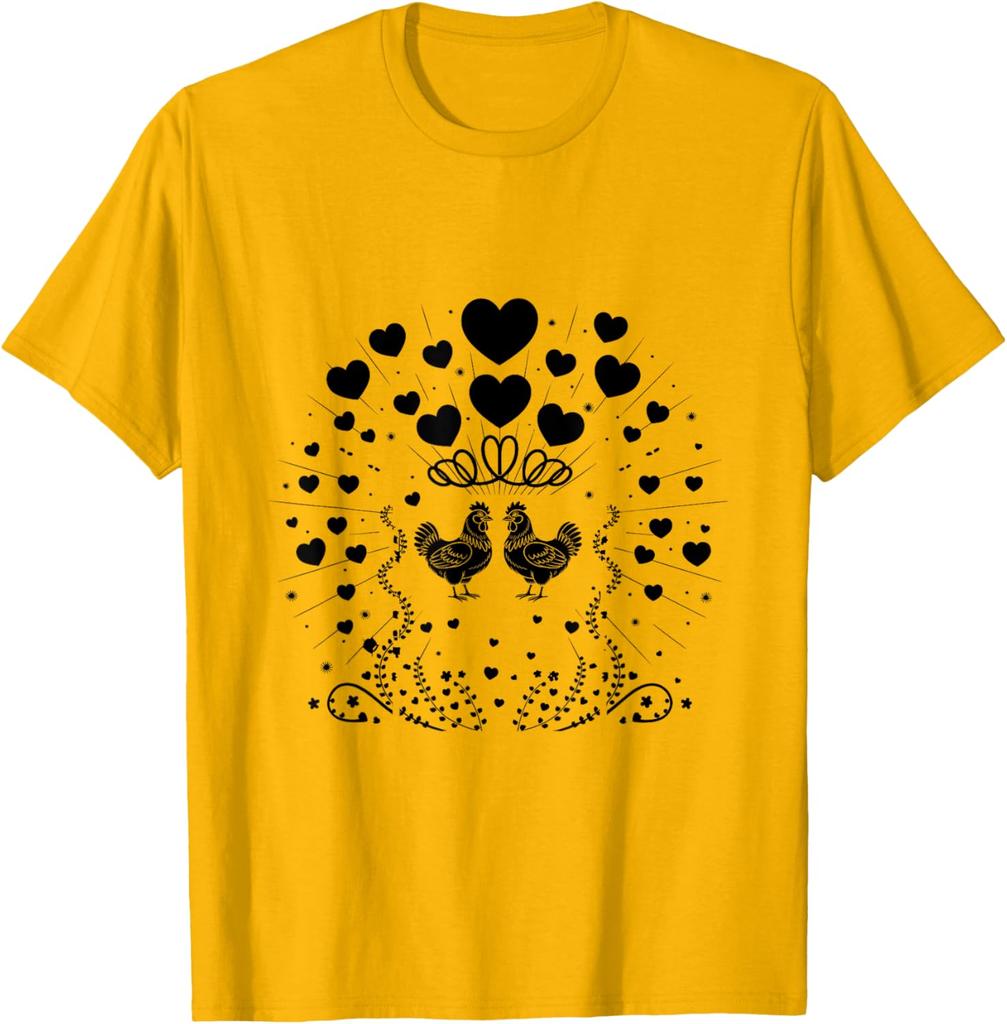 Chicken Couple Hearts Valentine Farm Animal Graphic Tee Soft Cotton Casual Daily T-Shirt