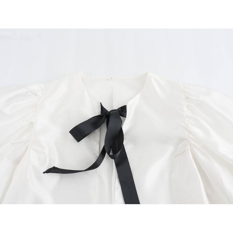 Kaslead New Arrival Women's Clothing Fashion Style Fashion Minimalist Plaid Lantern Short Sleeve Round Neck Top 1233484