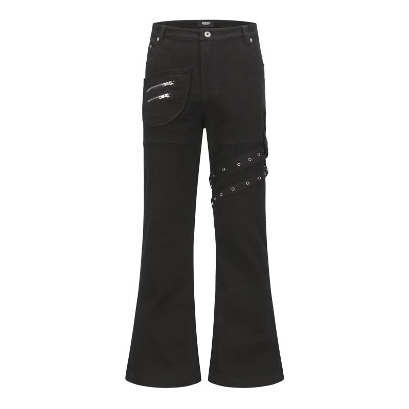 American Retro Y2K Bandage Black Flare Jeans Men Women Slim Fit Casual High Street Denim Pants