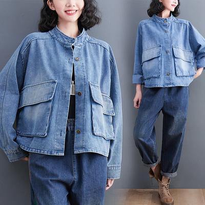 Plus Size Spring Jacket Coats Women Denim Patchwork Coats Casual Bat Loose Cotton Buttons Oversize Blue Short Jacket
