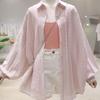 WTEMPO Women Sheer Sun Protection Shirt Lapel Puff Long Sleeve Embroidery Oversized Loose Summer Casual Outerwear Blouse