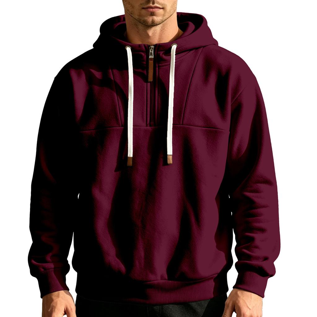 Men's Half‑Zip Fleece Hoodie, Leather‑Tip Drawstrings, Ribbed Cuffs & Hem, Relaxed Fit Casual Pullover Sweatshirt