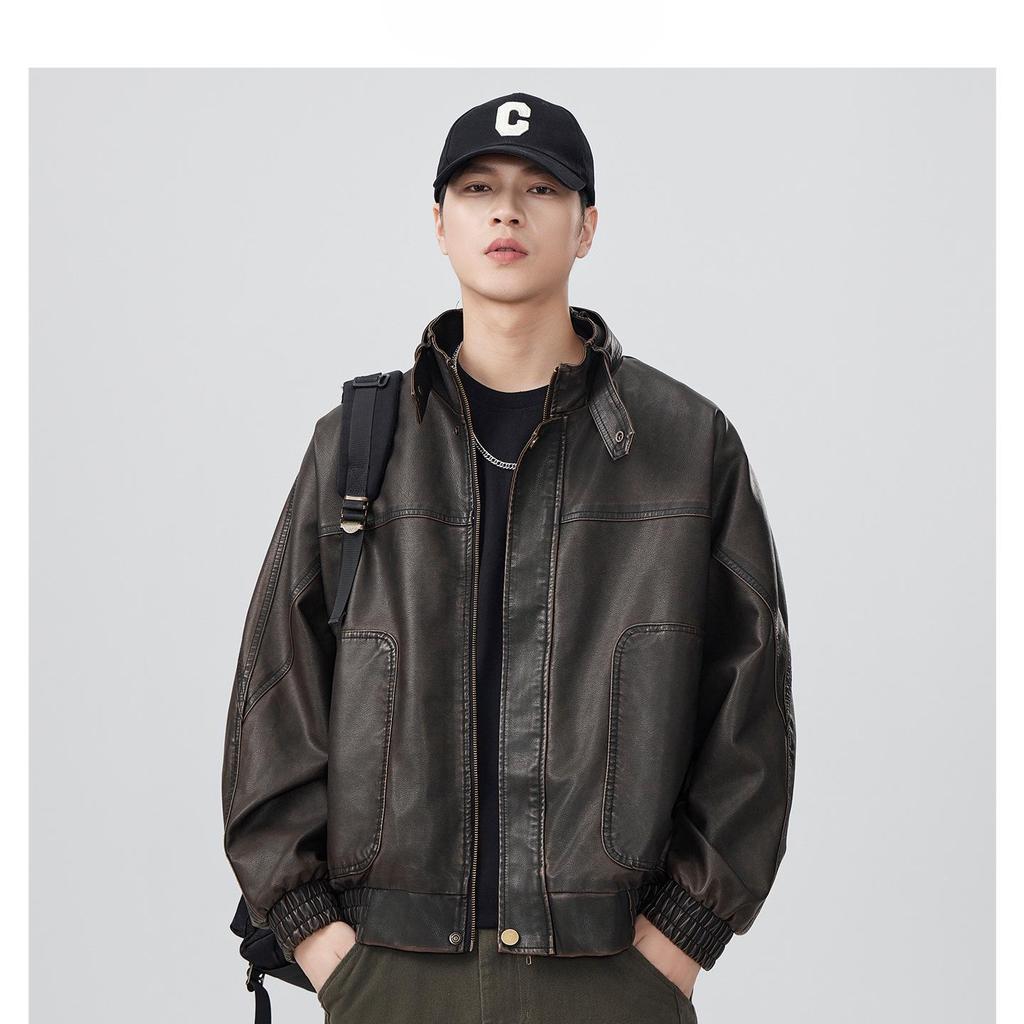Men's Retro Cool PU Leather Bomber Jacket with Buckle Stand Collar