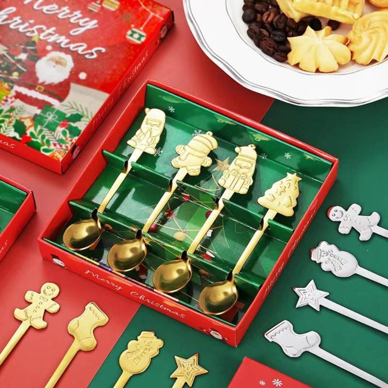 4Pcs Stainless Steel Christmas Coffee Spoons Christmas Trees Santa Tea Spoon Gingerbreads Man Dessert Drink Mixing Spoon
