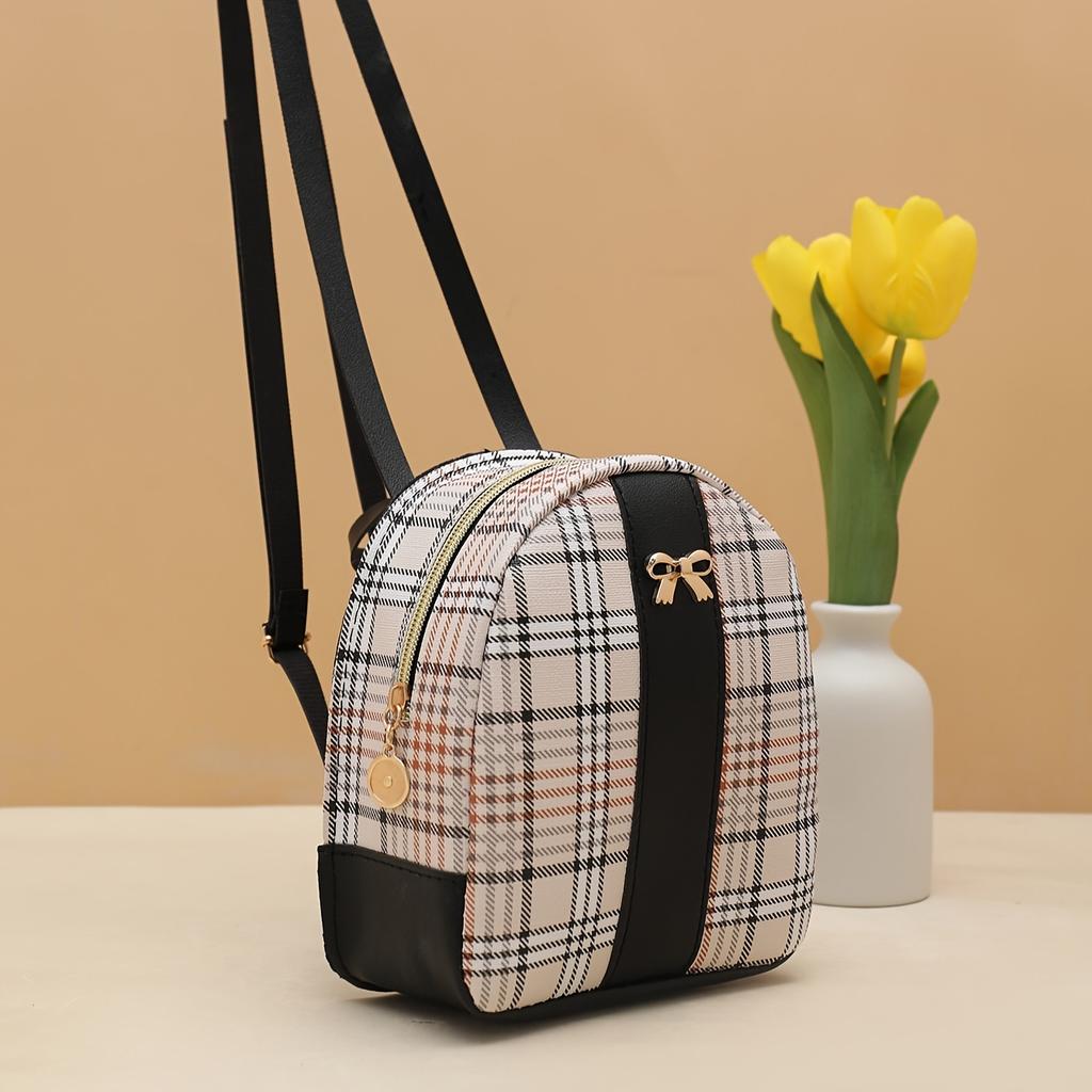 Women'S Fashion Backpack, Plaid Color-Block Small Backpack, Fresh Style Bow Casual Bag