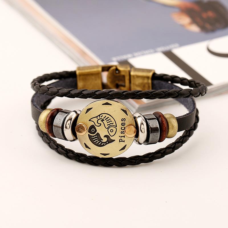 Twelve Constellations Genuine Leather Multi-layer Bracelet - Retro Woven Design for Couples