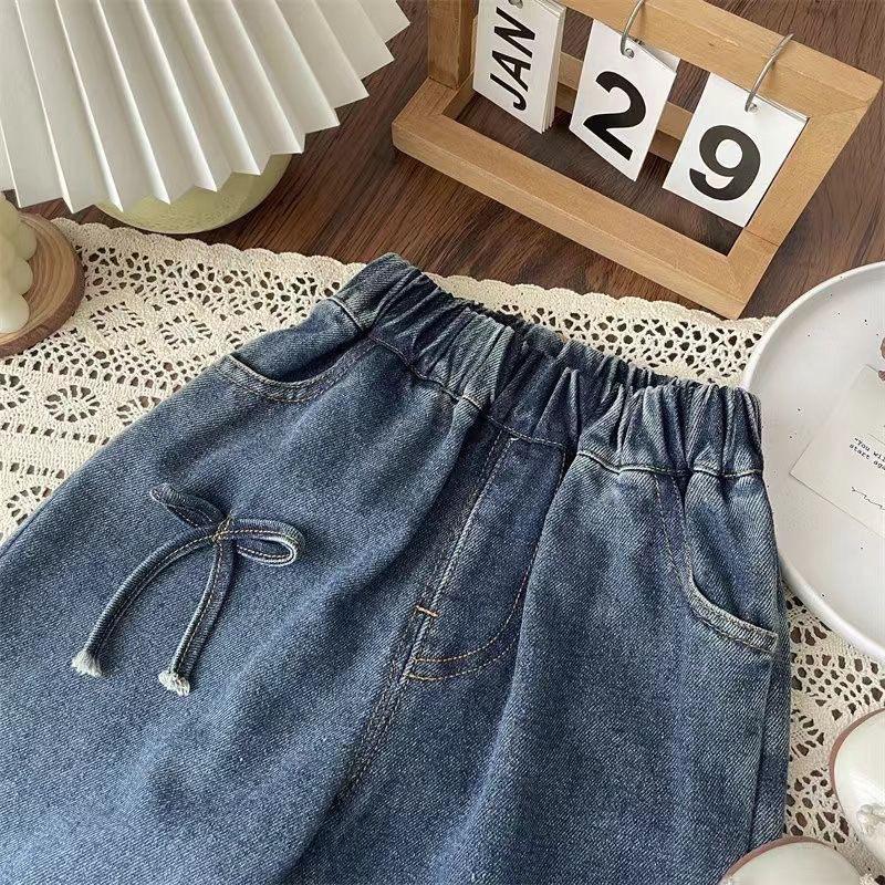 

Spring Autumn Girls Baby Loose Version of Children s Korean Bow Denim Straight Pants Wide-leg Pants Pants 140