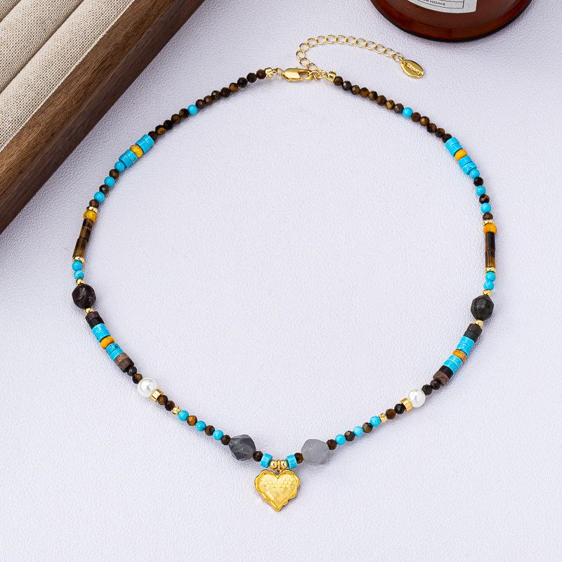 Retro new Chinese turquoise earrings, bracelet, love necklace, women's light luxury niche high-end jewelry set