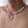 Hip-hop Punk Shiny Zircon Starlight Stainless Steel Cross Pendant Imitation Pearl Beaded Splicing Necklace for Women Men Jewelry