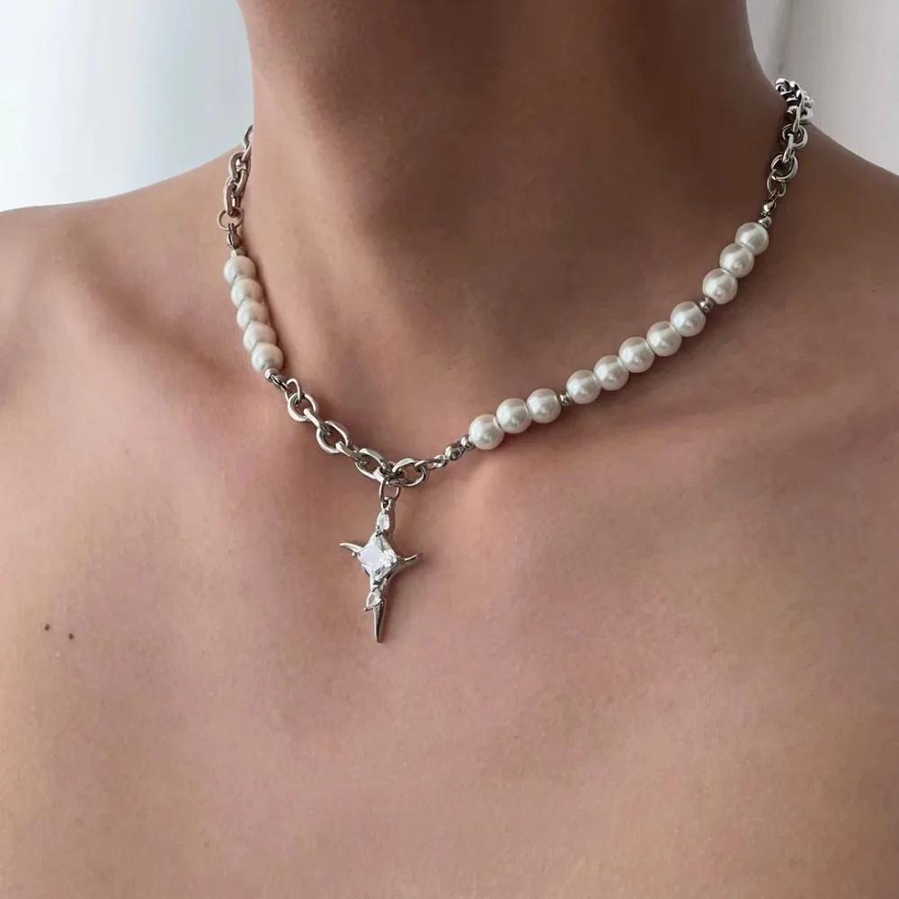 Hip-hop Punk Shiny Zircon Starlight Stainless Steel Cross Pendant Imitation Pearl Beaded Splicing Necklace for Women Men Jewelry