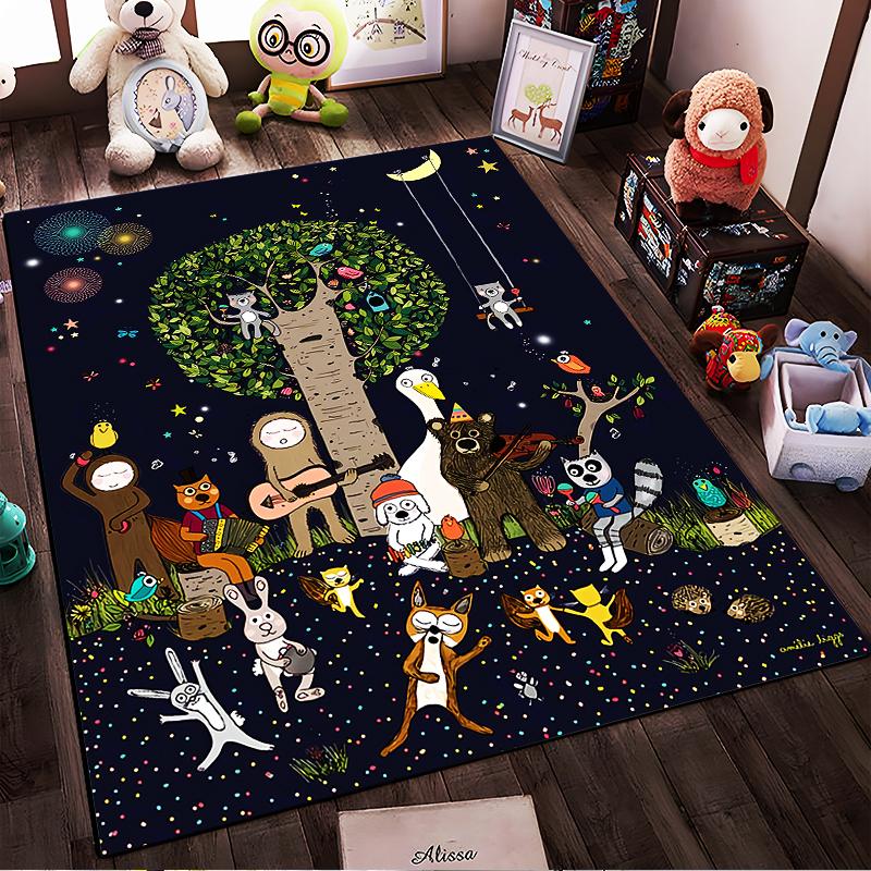 "Whimsical Animal Party Carpet with Tree, Night Sky, and Fun Designs" Suitable for use as an anti-slip for living room bedroom sofas