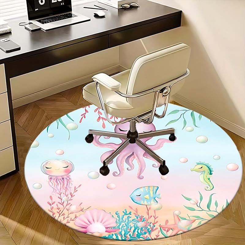 Encantadora Base de Cadeira Amigos do Oceano Design Fofo de Água-viva, Polvo, Peixe e Cavalo-marinho para Decoração de Casa, Tapete de Escritório, Ideia de Presente para Crianças e Adultos