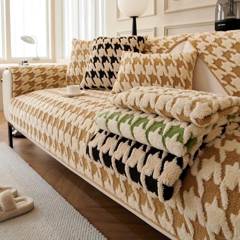 Grid Sofa Cushion Thicken Plush Sofa Cover Anti Slip Leather Armrest Backrest Towel Full Package Combination Durable Versatile