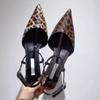 Leopard Print Pointed Toe Office Shoes Designer Shallow Stilettos Ankle Strap Women High Heels Pumps Elegant Low Heels Sandals