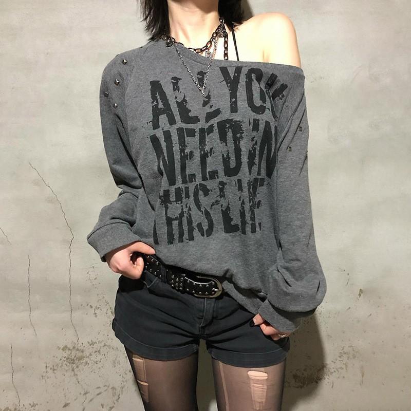 Womens Streetwear Long Sleeve Cropped Hoodie With Rivet Embellishment Graphic Print Asymmetrical Neckline Plus Size S M L