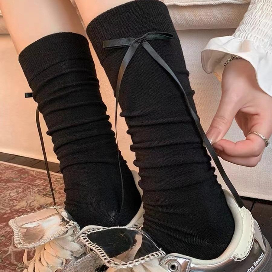 Autumn Women's Calf Socks with Bow Ribbons, High Appearance Level, Ballet Style, Thin and Breathable Lolita Women's Socks