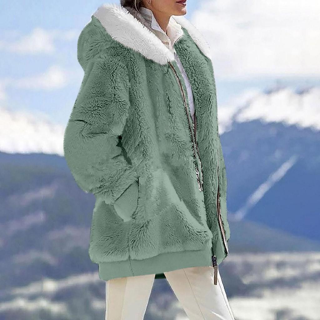Chaqueta casual con capucha y cremallera de felpa holgada de color sólido para mujer con bolsillos