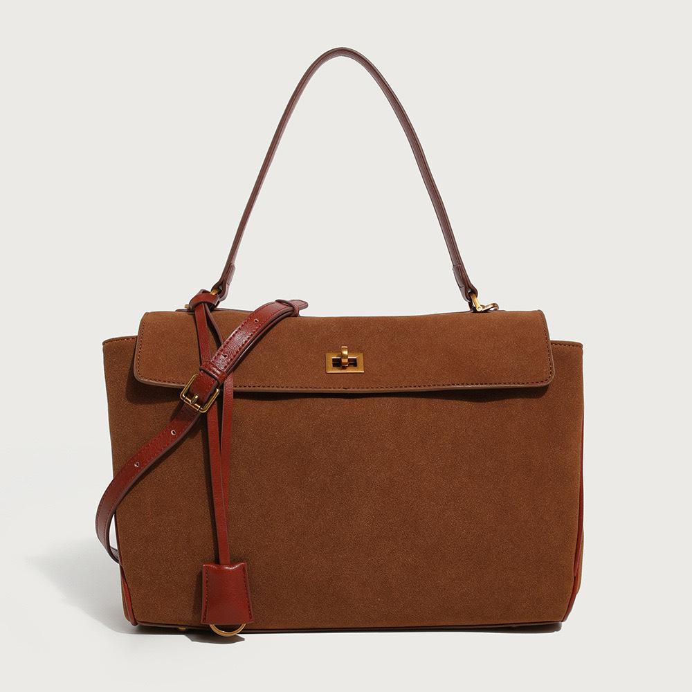 Vintage suede single leather shoulder messenger bag, high-end large-capacity portable underarm tote bag.