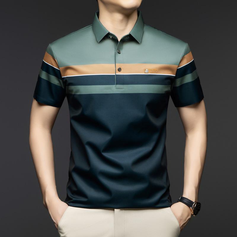 2026 Summer Men s Striped Lapel Polo - Casual Short Sleeve T-shirt for Middle-Aged Fashion. 3XL зелёный