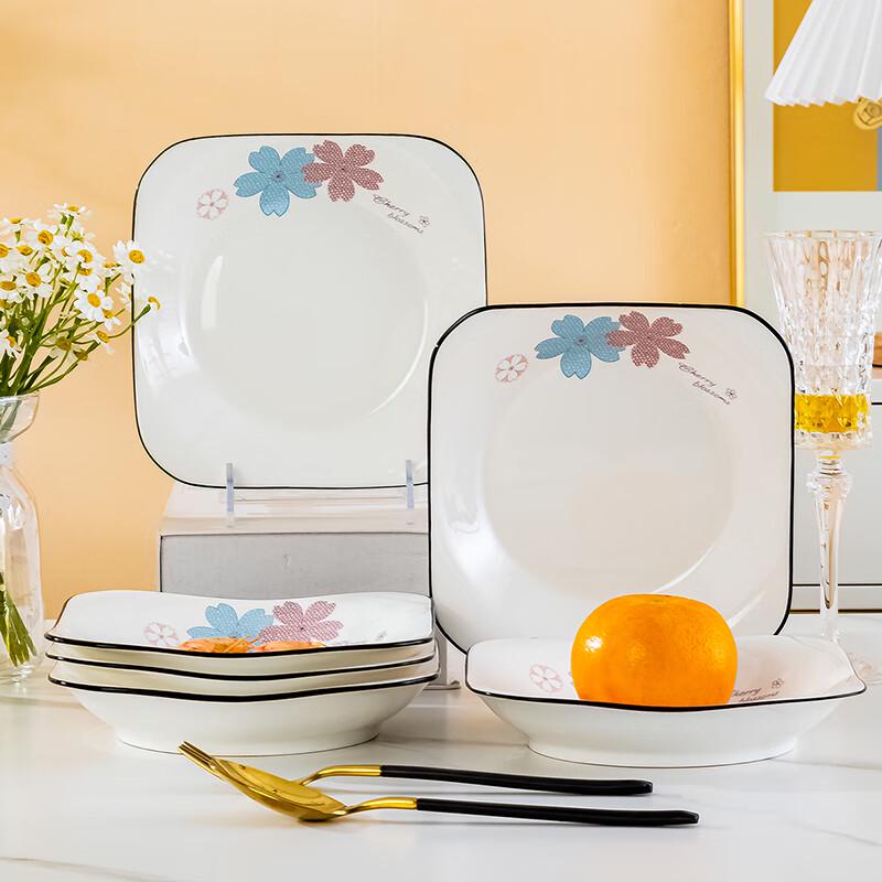 Керамические квадратные обеденные тарелки Jingdezhen, 8,5 дюймов - Изобильные цветы (Набор из 6)