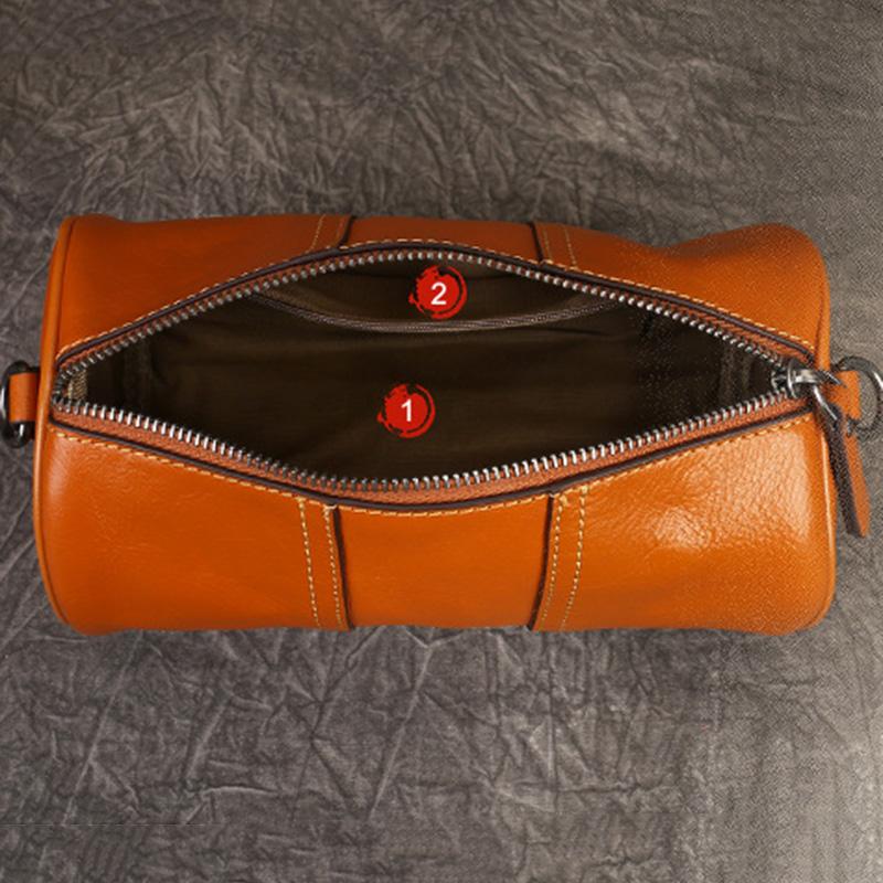 Single Shoulder Bag Fashionable Retro Large Capacity Cylindrical Bag Genuine Leather One Shoulder Crossbody Bag
