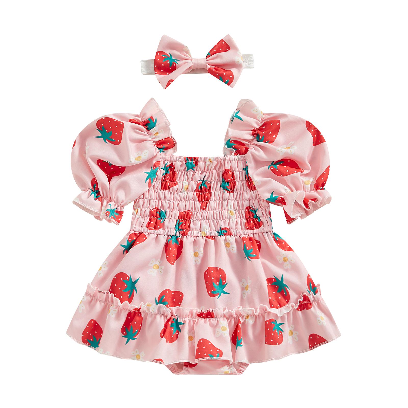 

Комплект из 2 предметов для девочек с принтом фруктов/цветов, с короткими рукавами, присборенный комбинезон с милой повязкой на голову, летняя одежда 18-24 Months красный