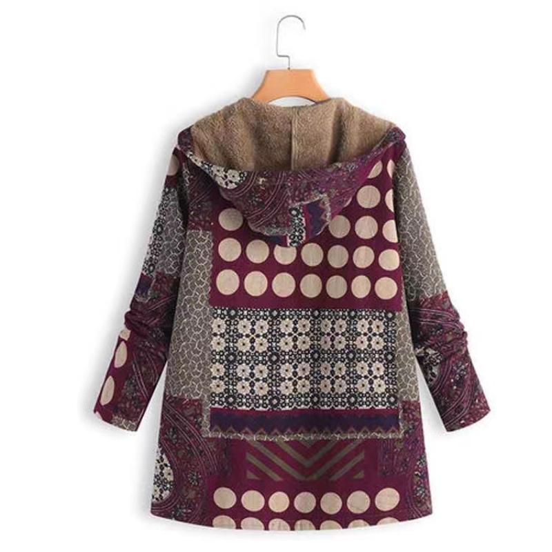 Europejska i Amerykańska Damska Codzienna Bawełniana i Lniana Pluszowa Kurtka Damska z Kapturem i Zamkiem Błyskawicznym w Kratę z Nadrukiem