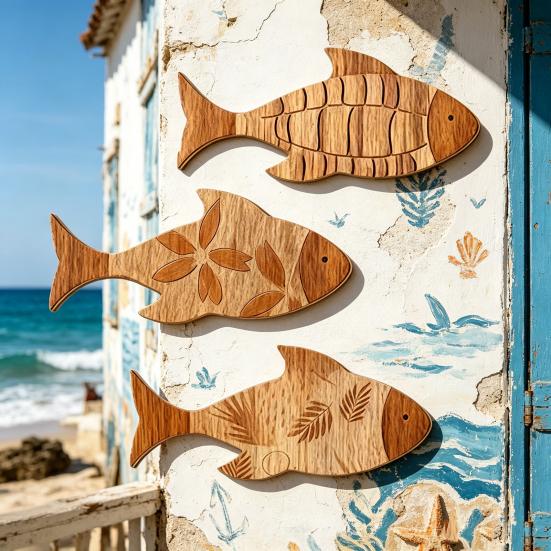 3Pcs/Set Bathroom Fish Wall Decoration, Rustic Wooden Fish Wall Art Sculpture, Nautical Wall Hanging Ornament for Beach Lake House