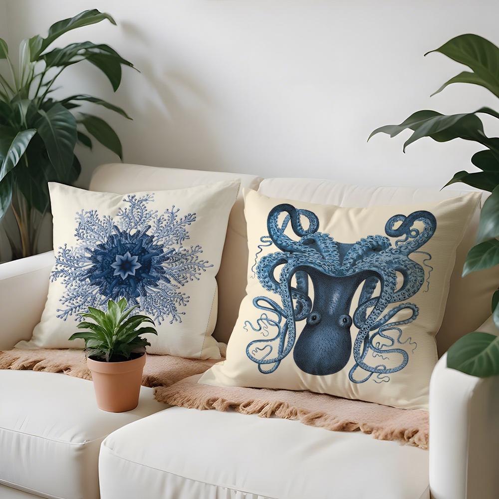 B-Blue Sea Creature Pillow Case Living Room Sofa Decorative Cushion Cover Simple Household Light Luxury Printed Pillow