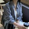 Blue Retro Plaid Lapel Shirt Top Women's Spring and Autumn Loose and Thin Casual Lazy Style Plaid Lining Jacket