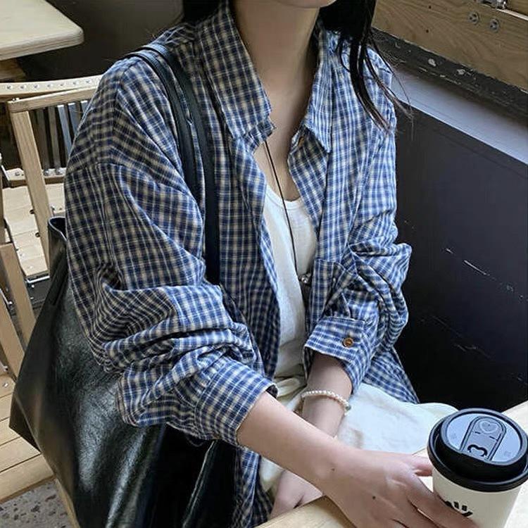 Blue Retro Plaid Lapel Shirt Top Women's Spring and Autumn Loose and Thin Casual Lazy Style Plaid Lining Jacket