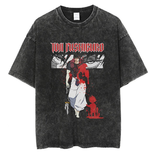 Parentchild Fashion Anime Comfortable Tshirt Jujutsu Kaisen Washed Tee Vintage Oversized Anime Graphic Men Casual Tops