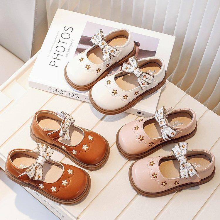 Little Girl Leather Shoes Fashion Sweet Bowtie Children's Flats Embroidery Causal Kids Versatile Princess Wedding Shoes Non-slip