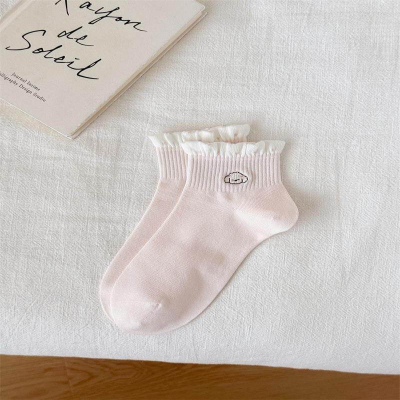 White Ruffle Socks with Japanese Cartoon Heart Embroidery - Spring/Summer Collection for Girls