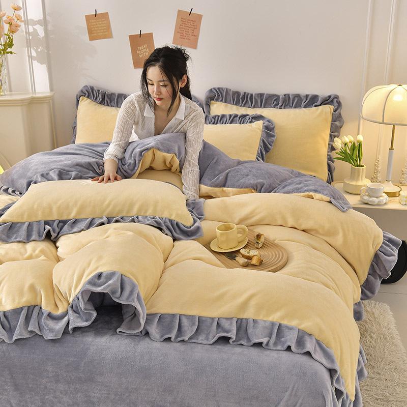 

Однотонный комплект из четырех предметов в стиле принцессы, двусторонний коралловый фланелевой зимний утолщенный кружевной пододеяльник, простыни 2.0m bed sheet 4pcs