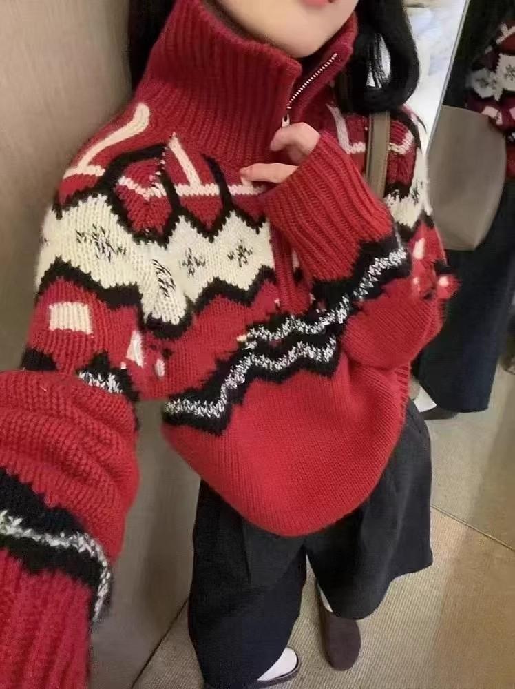 Retro Fair Isle Wool Cashmere Half-Zip Sweater - High Neck, Thickened Knit, Red Women's Christmas Top