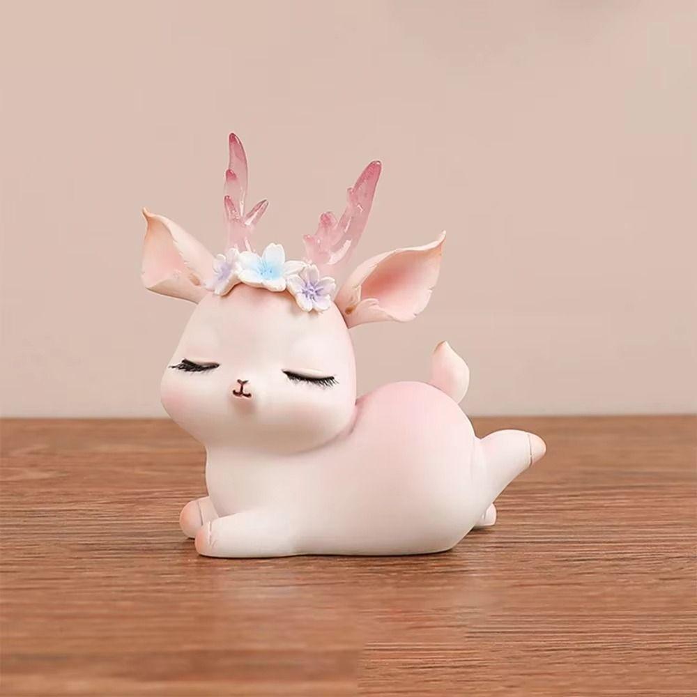 Kawaii Resin Pink Deer Ornament Mini Deer Birthday Cake Decor Baby Deer Doll Sculpture Bedroom
