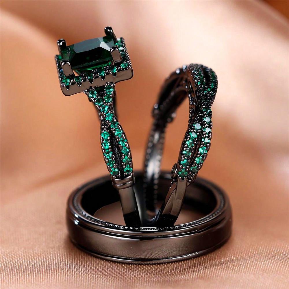 

Luxury Female Crystal Green Blue Zircon Stone Engagement Ring Set Vintage Black Gold Color Wedding For Women 13 зелений