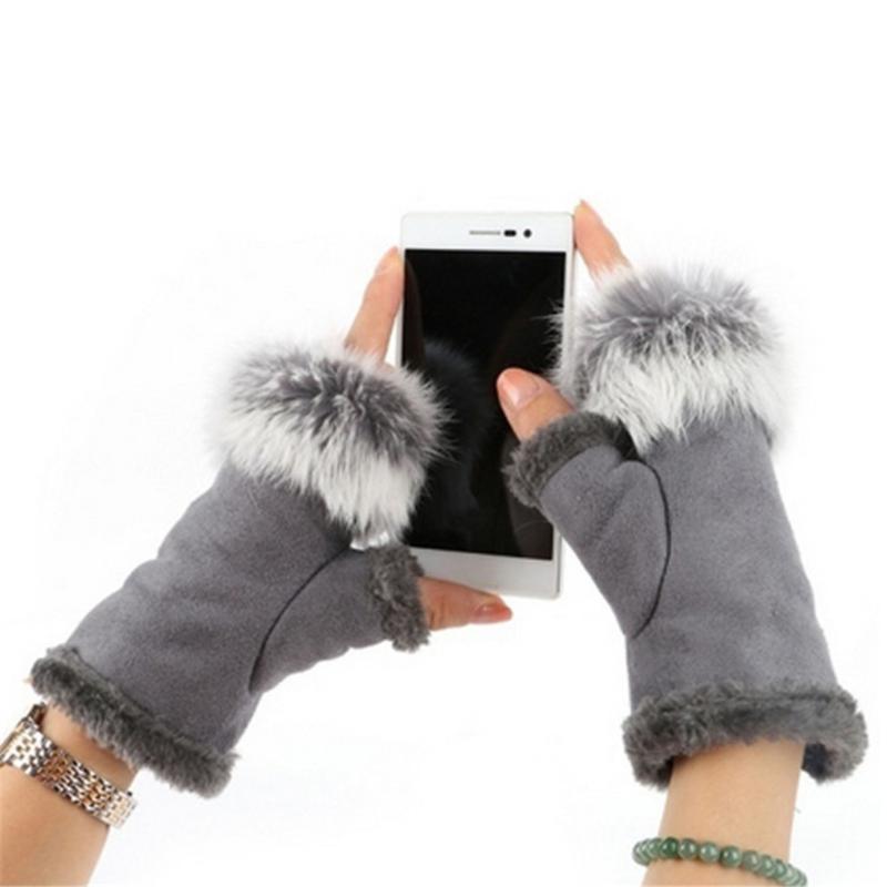 Faux Rabbit Fur Half Finger Gloves Cute Plush/Suede Leather Gloves High Quality Rabbit Hair Wrist Fingerless Mittens for Ladies