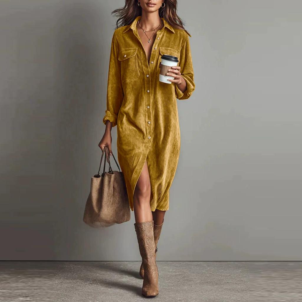 Vintage Women's Dress Spring Summer Office Lady Solid Corduroy Long Sleeve Lapel Shirt Loose Maxi Dresses for Women