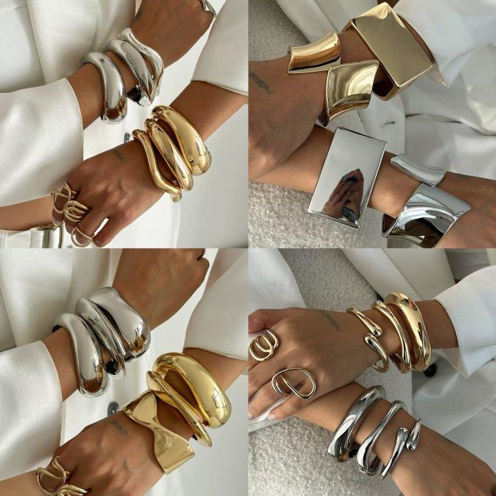 European & American Geometric Double-Layer Metal Bangle Bracelet: Exaggerated Design with Hollowed-Out Details