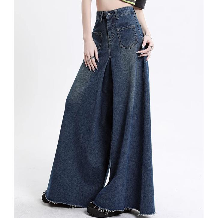 Retro Geknöpftes Weitbein-Jeans für Damen mit Hoher Taille Schlankmachend Gerades Taschen-Design Nische Hong Kong Stil