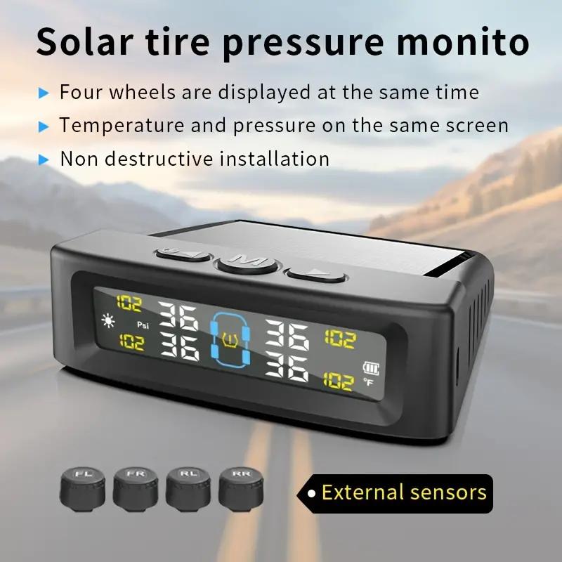 Dispositivo de alarma de presión de neumáticos para automóvil con sistema TPMS solar, pantalla digital colorida y 4 sensores externos, advertencia de temperatura y presión de neumáticos