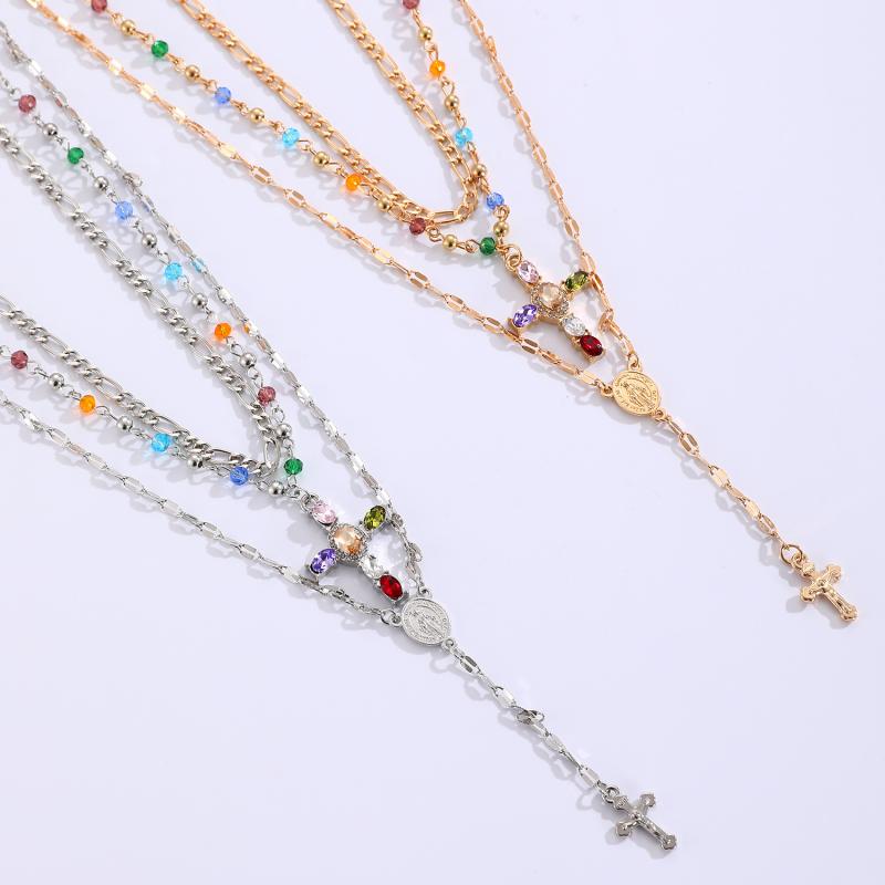 Cross Pendant Tassel Necklace Alloy Chain Layered Crystal Accent Gothic Collarbone Jewelry Unisex Gothic Style Religious Gift