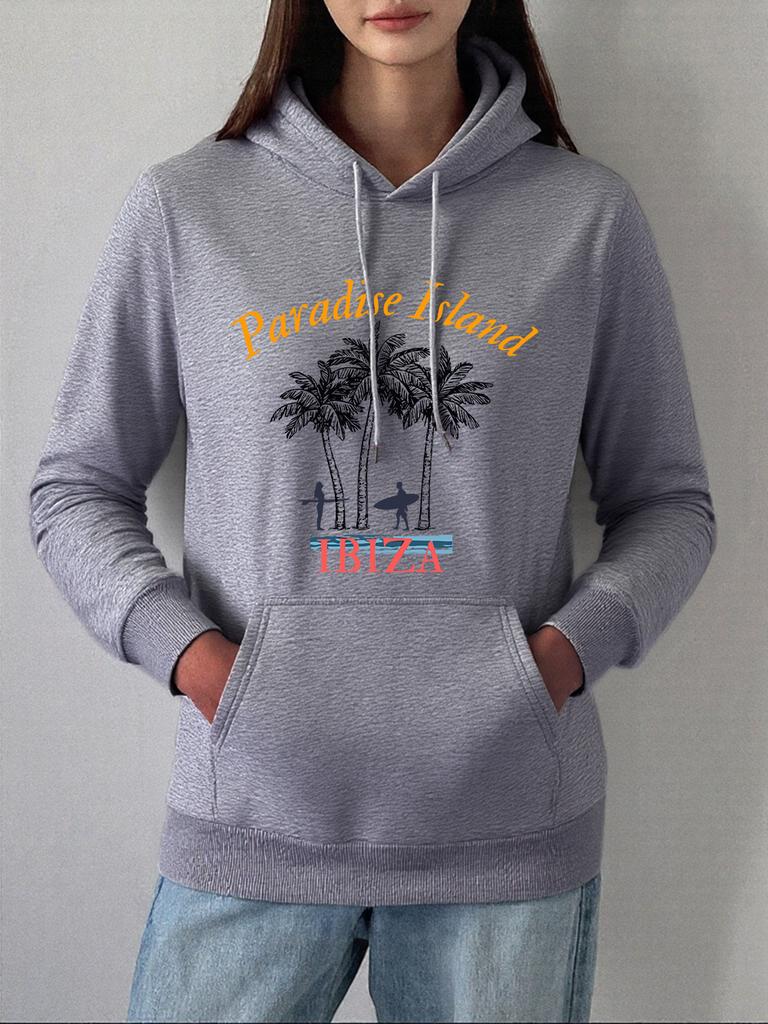 Paradiesinsel Ibiza Print Hoodie Damen Winter Fleece Warm Pullover Basics Tasche Sweatshirts Freizeit Locker Damenkleidung