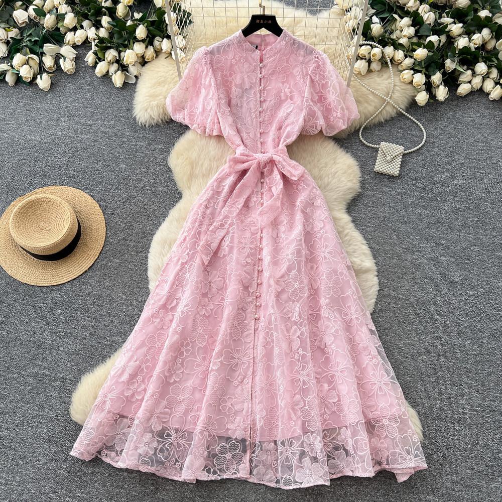 Elegant Lace Embroidered Dress Women's Summer High Waist A-shaped Skirt Commuter Temperament Long Dress Banquet Long Dress